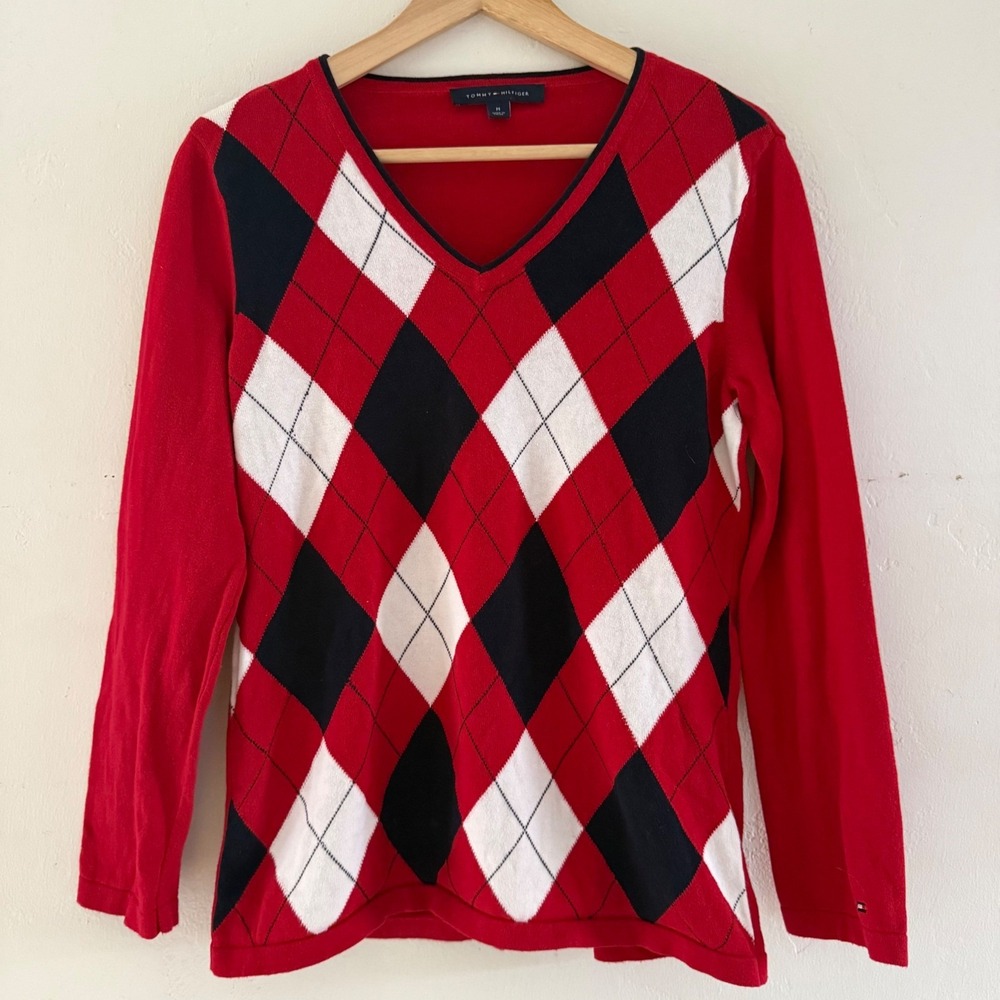 Tommy Hilfiger Red Argyle V Neck Long‎ Sleeve Sweater Women's Size Medium